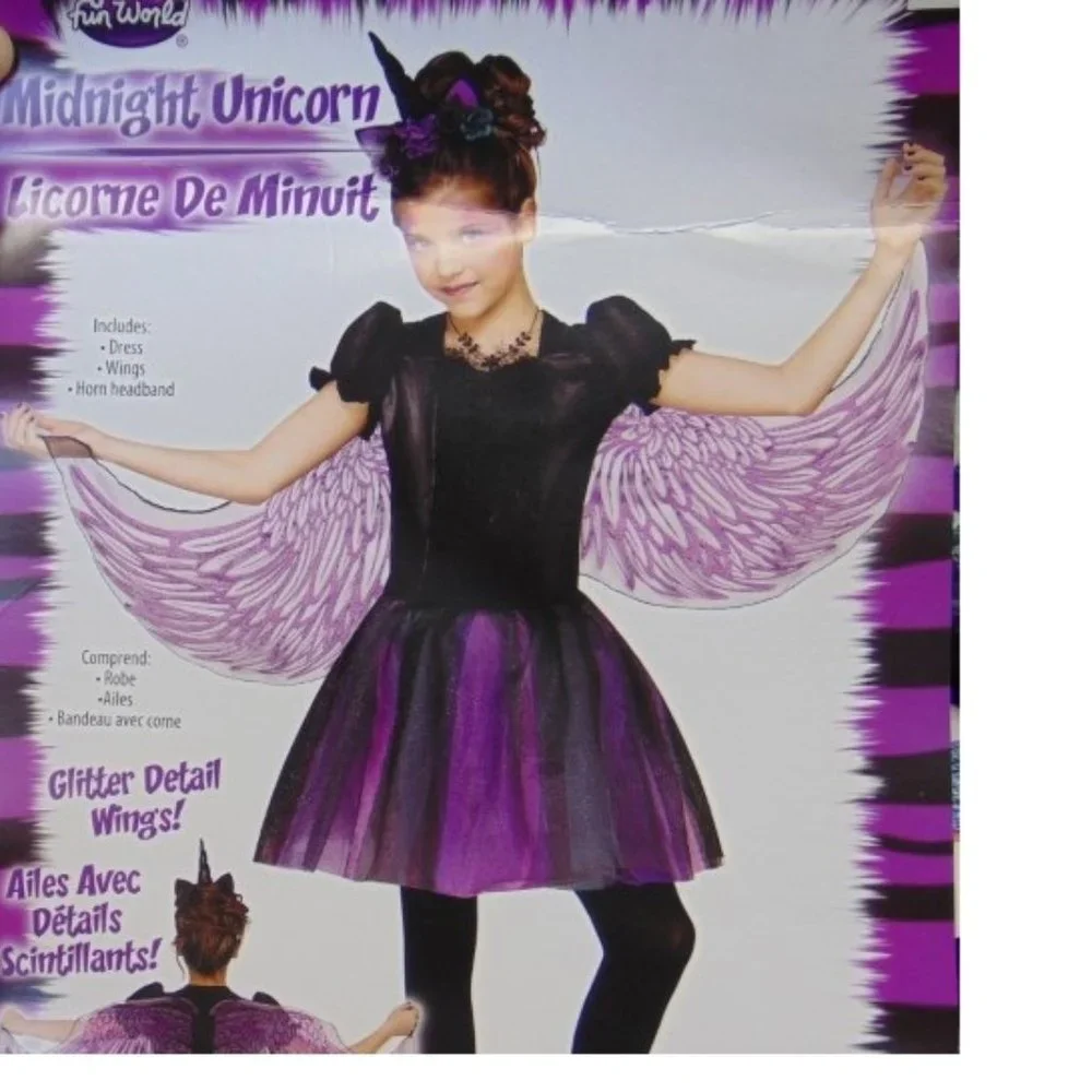 Unicorn Midnight Halloween Costume 8/10 Purple Dress, Wings, Headband 3 Pc Girls